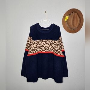 Aerie Size L Navy and Leopard Pattern Sweater